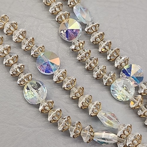 Vintage AB Glass Beaded Necklace Two Layered Gold Tone Caps Flower Clasp 18" - Picture 13 of 17