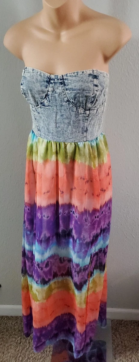 Mimi Chica Chiffon u0026 Chambray u0026 Denim Floral Strapless Maxi Dress Tie Dye  Look | eBay