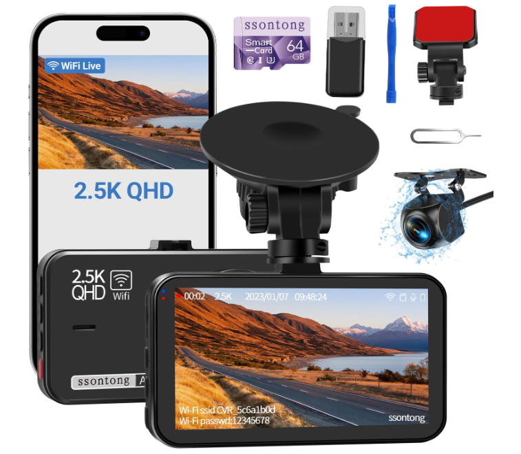 Front and Rear Dash Cam with Wifi/App Control, Dual Lens, 6 Features-image
