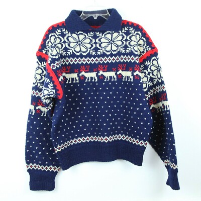 Vintage Large 50s Hand Knit Sweater Collared Pullover Birdseye IntarsiaWool  Ski