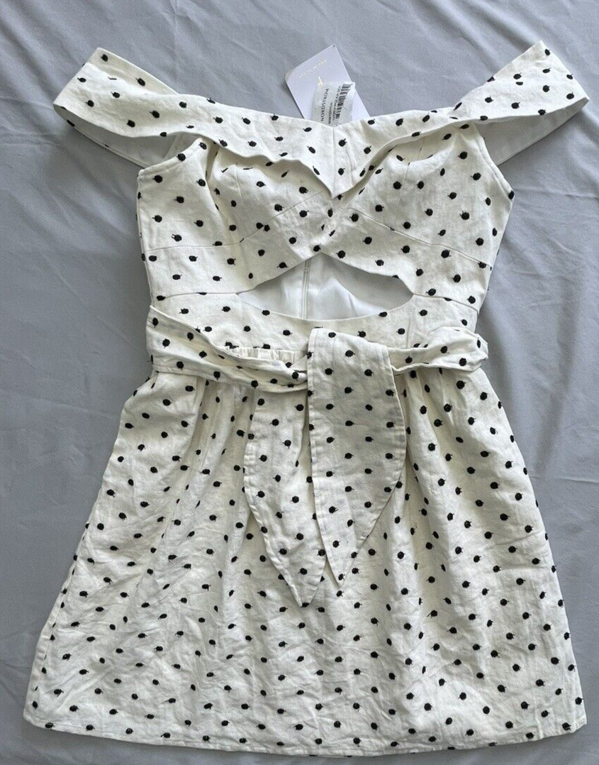 white polka dot off shoulder dress Off White Polka Dot One Shoulder Cotton Mini Dress
