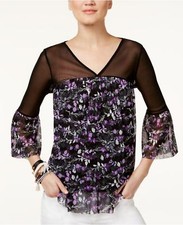 INC JL8-57  Petite Floral-print Illusion Top Black Multi Sz PM 69.50