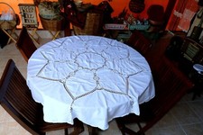 handmade unique art embroidery table cloth decor white color vintage 1,6m diamet