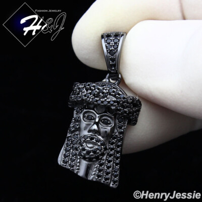 MEN 925 STERLING SILVER ICY CUBIC ZIRCONIA BLACK PLATED JESUS FACE ...