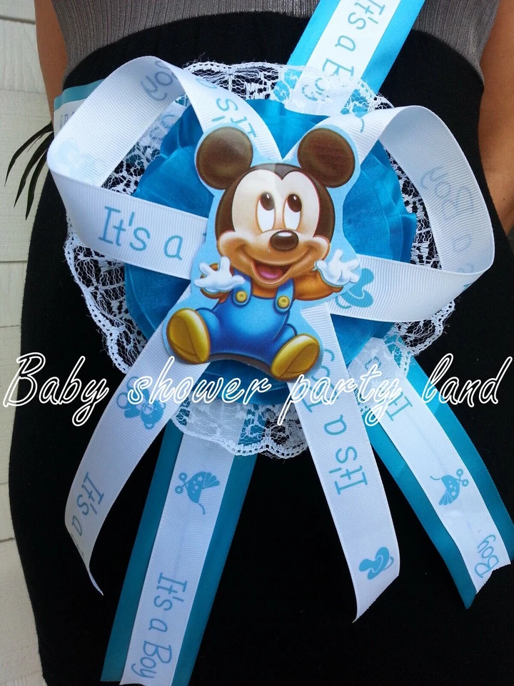 Baby Shower Mickey Mouse Mom To Be It's a Boy Sash Blue Ribbon with Corsage  - Image 2 of 4
