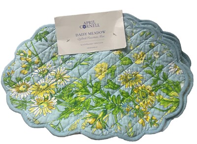 April Cornell DAISY MEADOW Reverses To Solid Cotton Scalloped Placemats Set Of 4