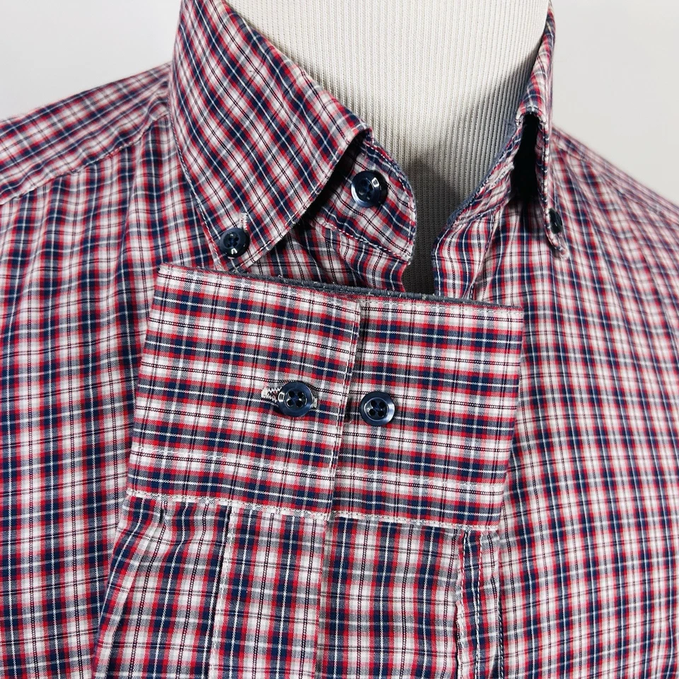 Paco Rabanne Medium Slim Fit Shirt Red White Blue Plaid Cotton Button Down - Image 4 of 4