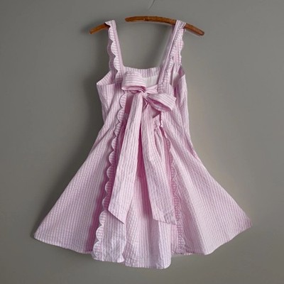 Mable Anthropologie Pink Seersucker Scallop Ruffle Mini Dress Sz M Open BOW Back