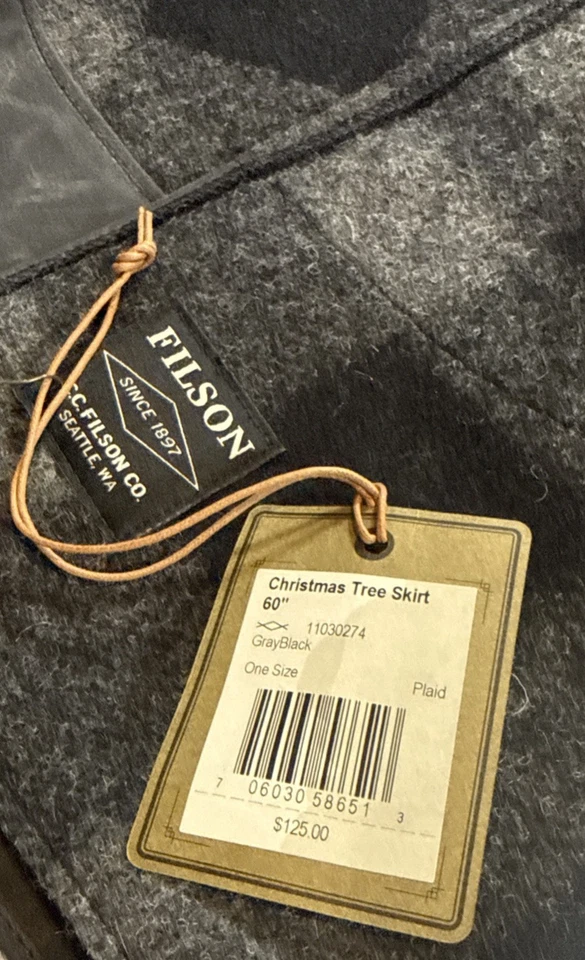 C.C. Filson Christmas Tree Skirt MADE IN USA Black Gray 60" Plaid Check Wool - Image 4 of 4