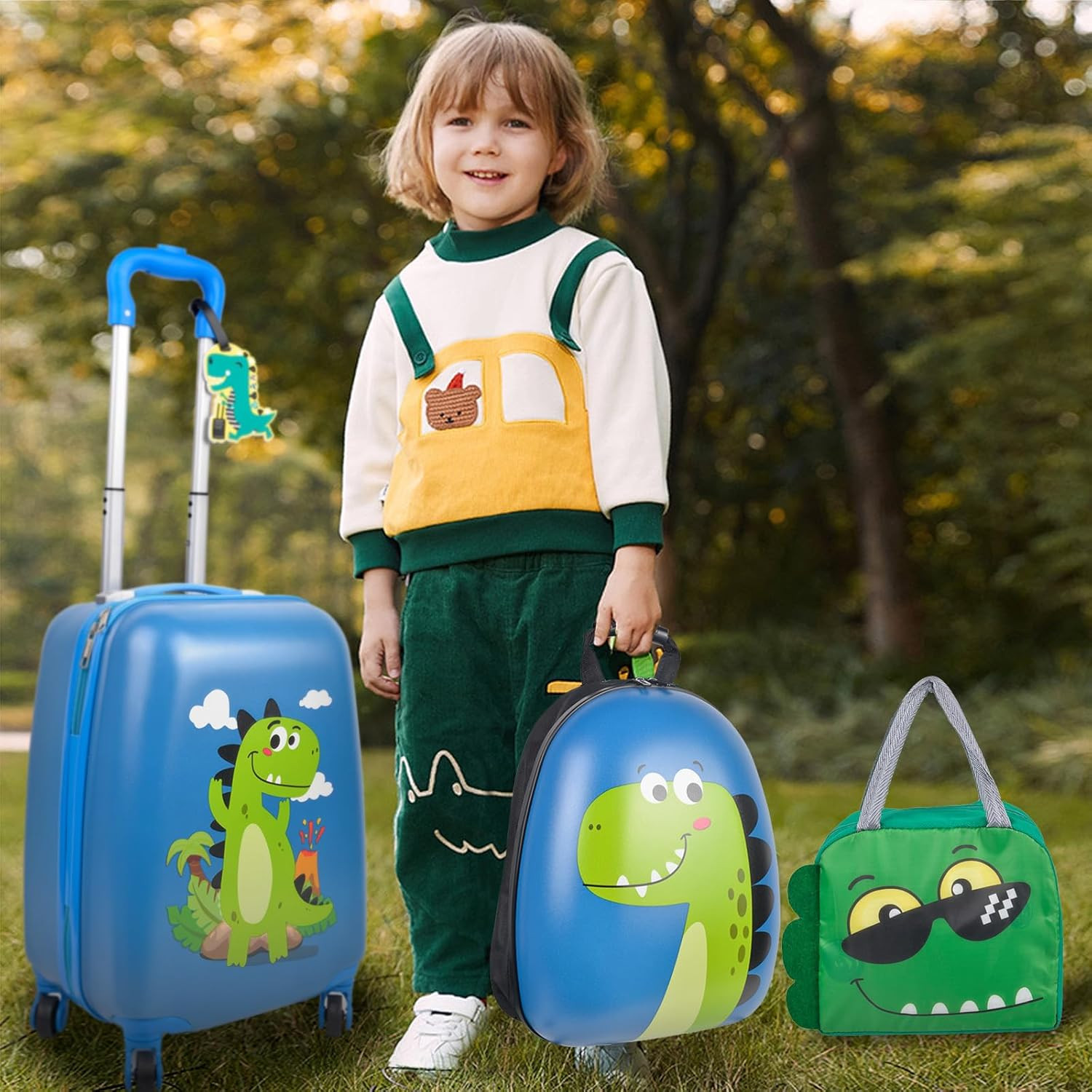 Dinosaur Kids Luggage Set - 5 Piece Rolling Suitcase & Travel Accessories