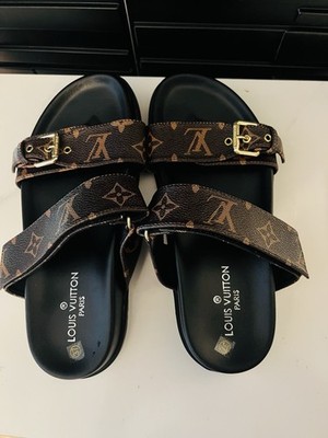 Louis Vuitton Women's Brown/Black/Gold Monogram Buckle Slide Sandals US size 36