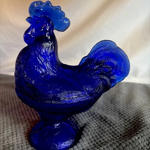 Cobalt Blue Glass Depression Style Rooster Chicken Candy Dish, Hen on Nest, VTG