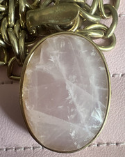Barse Signed Gold Tone Link Chain Pink Oval Quartz Bezel Pendant Necklace