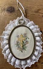 Vintage Hand stitched Cross Stitch Easter Cross In Gold Frame W/ Lace Edge Hangs