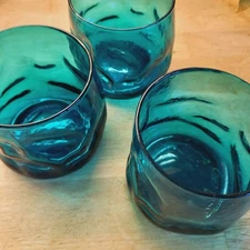 Set of 3 Peacock Blue Green Thumbprint Dimple Crinkle Highball Glasses Blenko ?