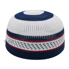 Islamic White and Navy Blue Kufi Skull Cap - 100 Nylon Head Cover Prayer Hat