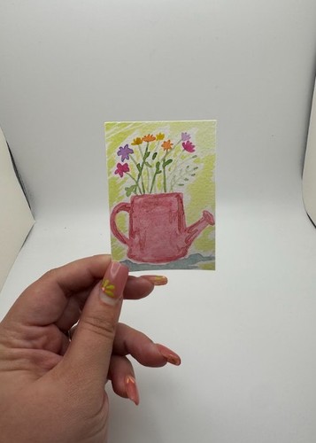 ACEO Original LKZArtCreations Watercolor Watering Can Wild Flowers Plants Spring