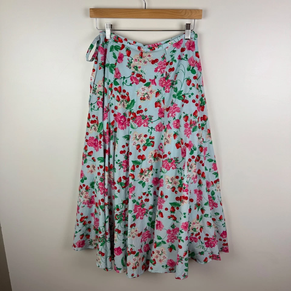 NUEVO CON ETIQUETAS Falda Midi Envolvente Floral Ann Taylor Talla 0 Estampado Fresa Cereza Colorida Foto 4 de 4