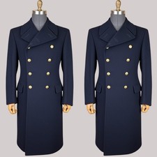 Navy Cashmere Men's Overcoat Double Breasted Long Jacket Casual Workwear Coat