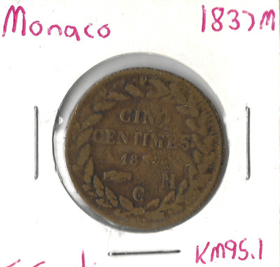 Coin Monaco 5 Centimes 1837 C KM95.1