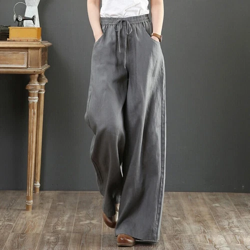 Summer Womens Cotton Linen Baggy Long Trousers Elastic High Waist Wide Leg Pants - Picture 6 of 31