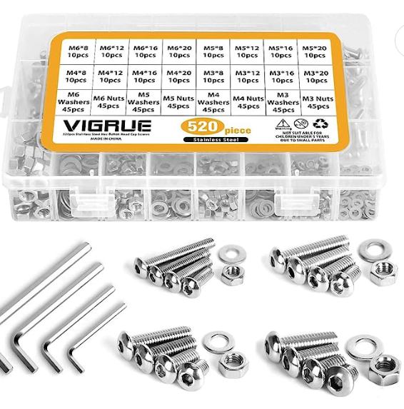 VIGRUE 520Pcs 304 M3 M4 M5 M6 Hex Socket Head Cap Screws Nuts Assortment Kit