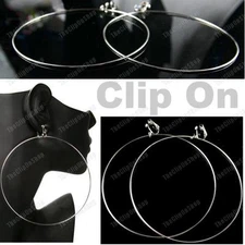 CLIP ON GIANT HUGE 4"HOOPS 10cm thin metal BIG HOOP EARRINGS SILVER TONE