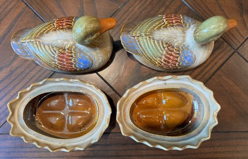 2 Vintage Nesting Mallard Duck Colorful Glazed Embossed Floral Bowl Lidded Dish - Picture 3 of 8
