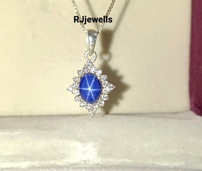 Lab Create Blue Star Sapphire Pendant 925 Silver Pendant Necklace Minimalist Set