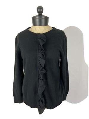 DKYN Size Large Black Wool Angora Sweater Silk Ruffle Front