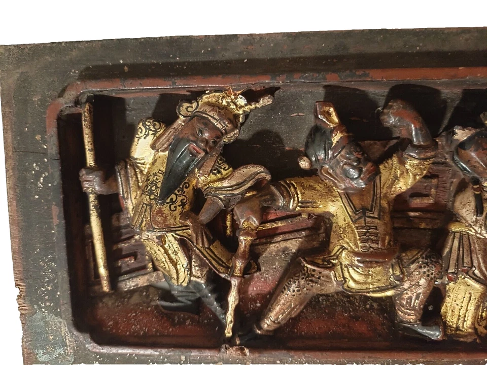 Antique Chinese Carved Red Gilt Gold Tone Relief Open Work Wood Panel - Image 3 of 4