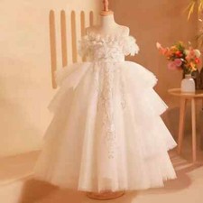 Elegant White Flower Girl Dress Lace Princess Kids Birthday Party Ball Gown