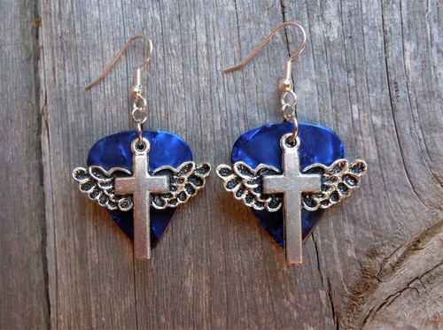 Winged Cross Charm Guitar Pick Earrings - Pick Your Color - Picture 8 of 21