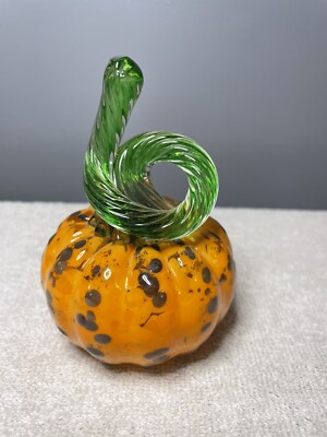 Glass Blown Fall Pumpkin Halloween Curly Stem Beauitful Spotted