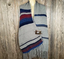 NEW Gray Burgundy Blue Knit Shawl Wrap Scarf Boho Hippie Fringe Festival Retro