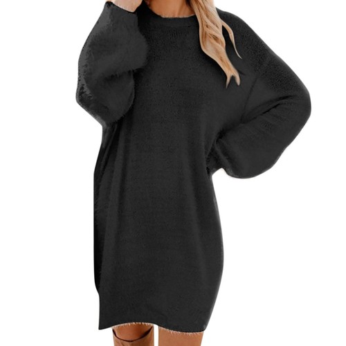 Womens Sweaters Casual Fuzzy Crewneck Long Sleeve Oversized Sweater Dress Loose - Picture 12 of 30