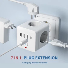 7-in-1 EU Power Strip Surge Protector with 3 USB & Type-C Charging Ports