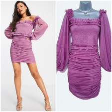 Bnwt Lace and Beads purple ruched long sleeve evening party short mini dress 8