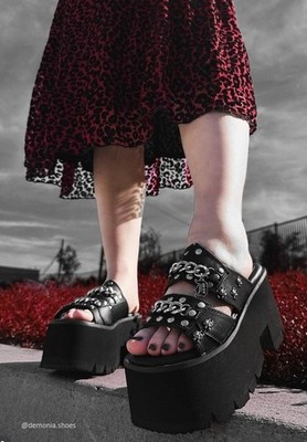 3.5'' Black Stacked Platform Chains Moto Sandals Slides Punk Goth Shoes Demonia