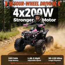 24V 4WD Kids ATV 4 Wheeler Ride On 4 200W Motors Bluetooth MP3 LED Horn Pink