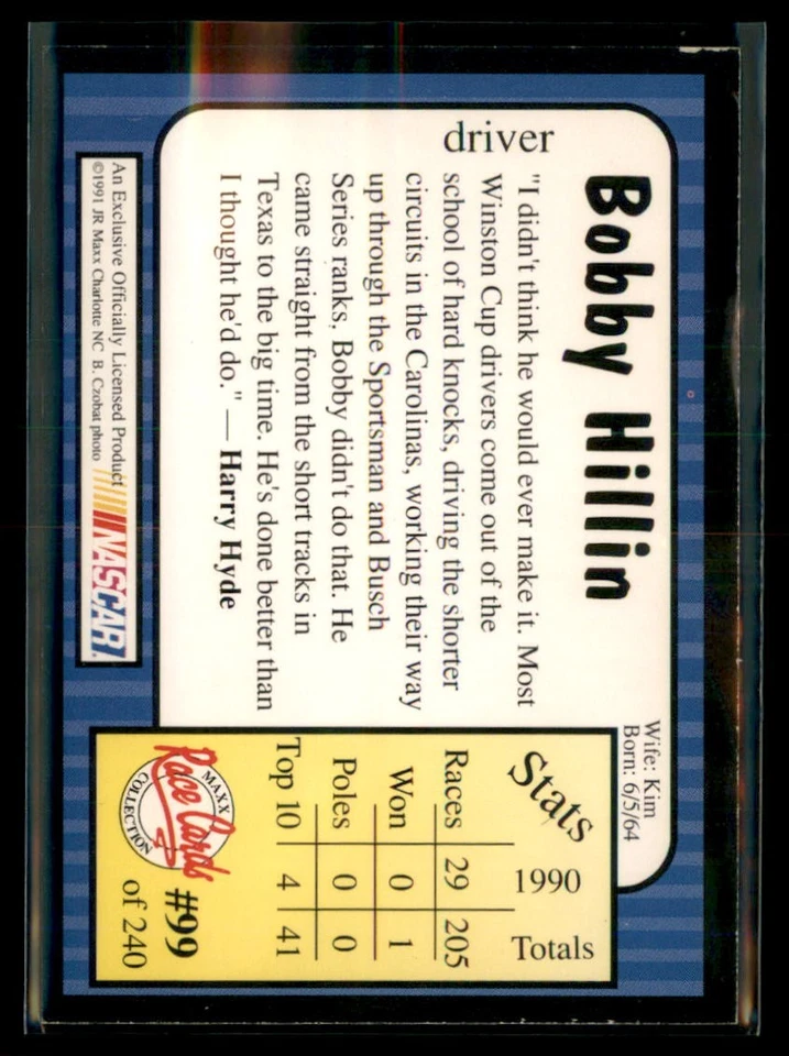 1991 Maxx Bobby Hillin 99 - Image 2 of 2