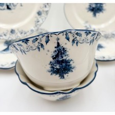 Blue White Christmas Tree Holiday Ceramic Bowls 16oz Scalloped Rim