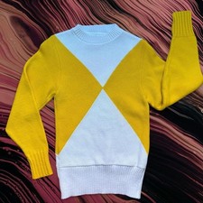 Vtg Cheer Sweater 60s 70s Yellow Gold White Sporty Cheerleader Knit Diamond XS S