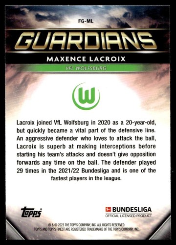 2022 Finest Bundesliga Guardians Maxence Lacroix VfL Wolfsburg #FG-ML - Picture 2 of 2