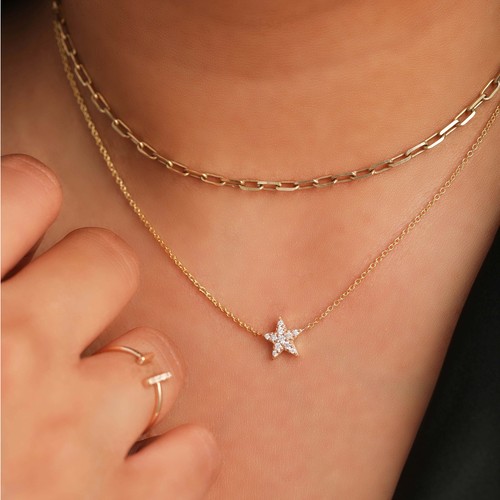 14K Yellow Gold Lab-Created Diamond Star Choker Necklace For Mother's Day Gift - Picture 2 of 5