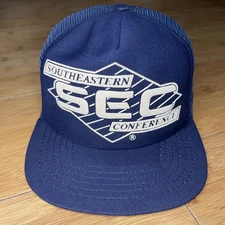 Rare VTG 80s USA SEC Southeastern Con Blue Puff Print Trucker Snapback Hat NCAA