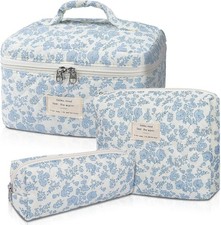 Makeup Bag, Large Quilted Cosmetic Bag, Big Floral Make Up Bag for Women Girls,