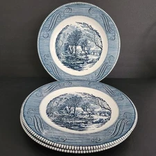Currier And Ives Blue By Royal 10" Dinner Plates, Old Grist Mill,set of 3