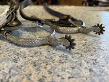 Decorative Silver Engraved Metal Equestrian Rowel Spurs with Leather Straps