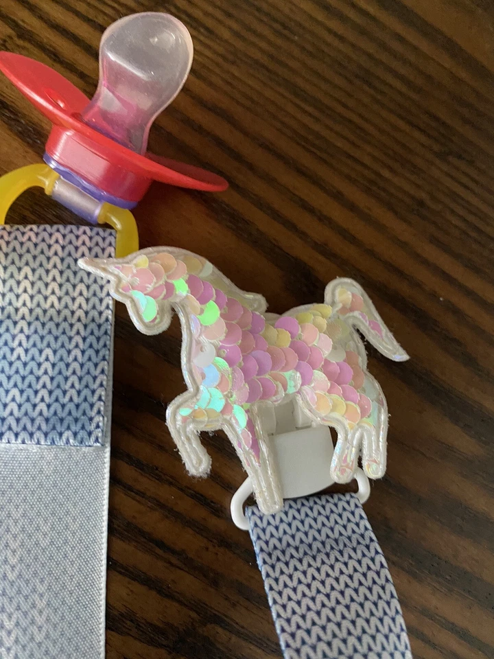 Cute Shiny Unicorn Ribbon Pacifier holder clip strap, binky, paci leash-Handmade - Image 2 of 3